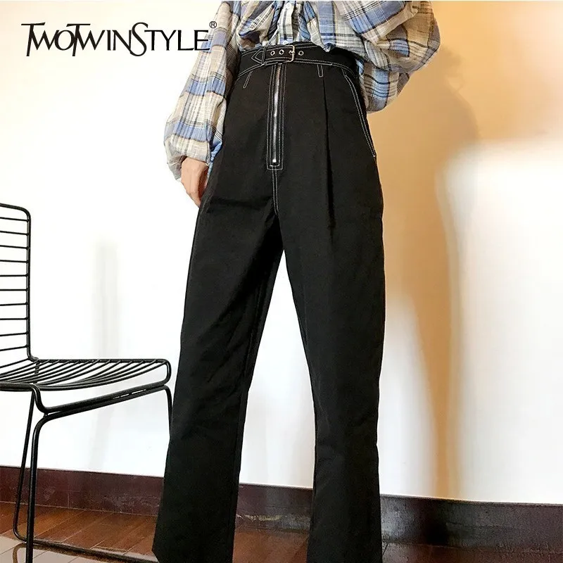 

TWOTWINSTYLE Black Casual Trousers Female High Waist with Sashes Pants Women 2018 Autumn Fashion Clothes Large Size New