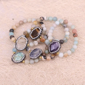 

5PCS Zyunz Jewelry Rhinestone Pave Assorted Stone Connector Bracelets, Natural Amazon Stone Beaded Stretch Bracelets