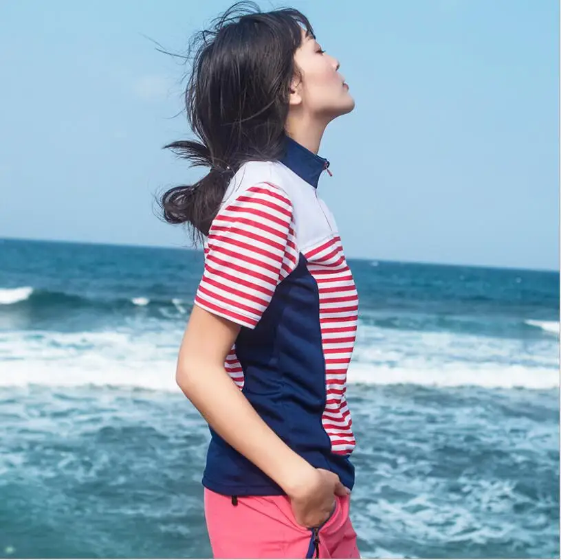 

2019 Quickly Dry T-shirt Women Men Strip Short Sleeve Clothing Outdoor Sport Wear Riding Running Climbing Zipper Style Summer
