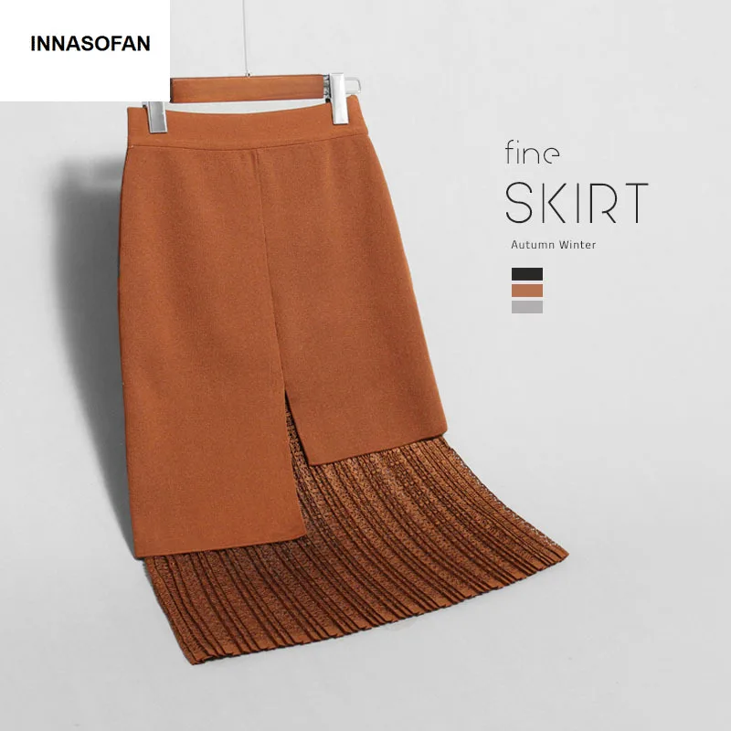 

INNASOFAN knitted skirt Women's Autumn-winter elegant skirt high waist Fashionable high-end chic solid skirt