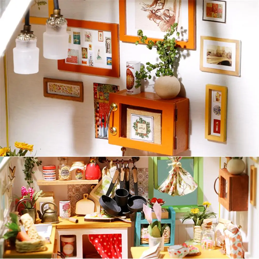 DIY Small Doll House Gourmet Kitchen Educational Assembled Model Lifelike Handmade Miniature Dollhouses Kit Toys for Children
