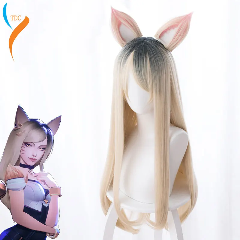 Парик для косплея KDA K/DA Ahri термостойкие синтетические волосы с ушками 70 см