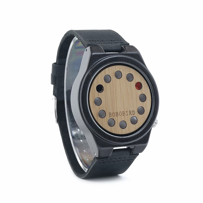 BOBO BIRD WB17 Mens Watches Top Brand Luxury Black Sandalwood Bamboo 12 Holes Dial Quartz Watches With Real Leather Band OEM