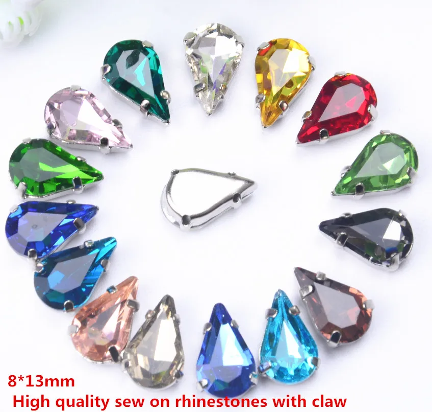 

free shipment 8x13mm 25Pcs/Lot Sew on Teardrop Pear Crystal Fancy Stone with 4 Holes Metal Claw Setting