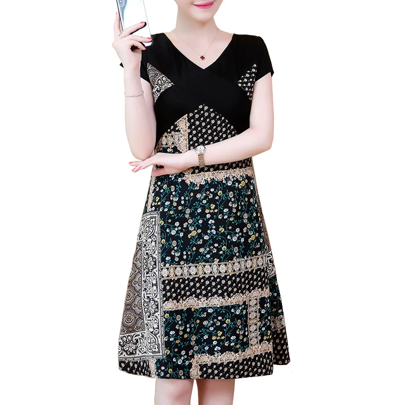 

New Summer 3xl 4xl 5xl Oversized Dress Woman Block-Color Cross Front V-Neck Short Floral A-Line Dress Ladies Dresses Clothes