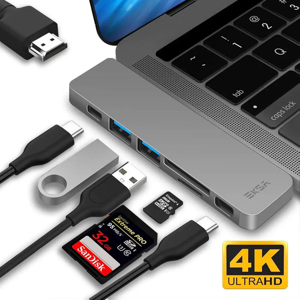 

EKSA 7 In 1 USB C Hub 2 USB3.0 TF SD Card Reader 4K HDMI Type-C HUB Thunderbolt3 PD Charging for Macbook Pro/Air 2017/2018