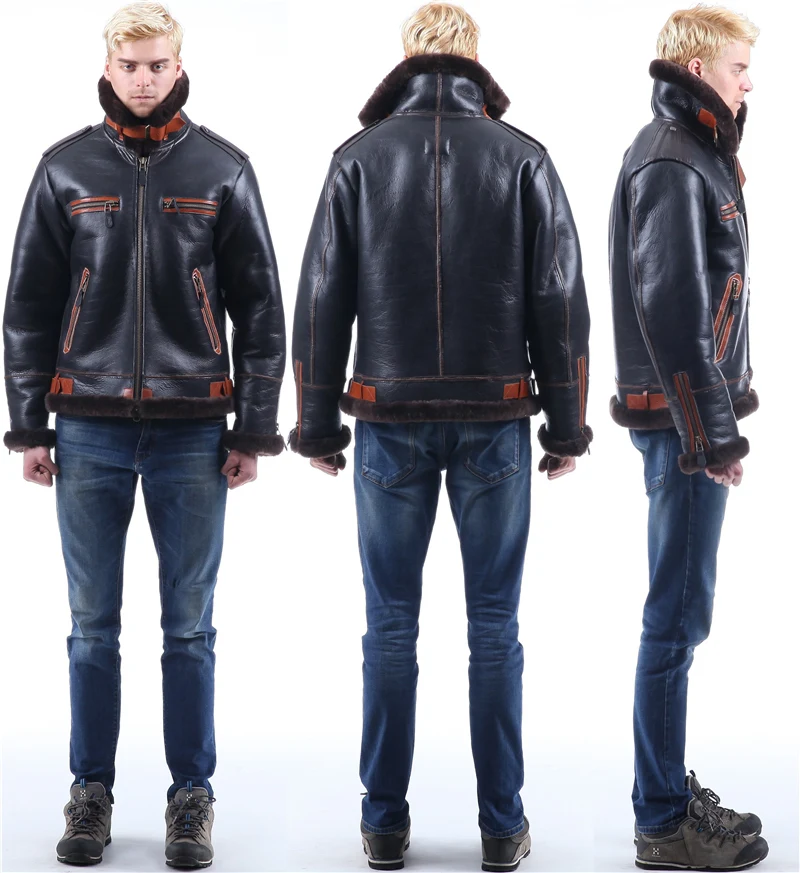 Мужская кожаная куртка бомбер B3 авиаторская с меховой защитой B6|bomber fur|leather