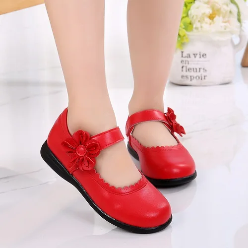 SLYXSH/красные детские тонкие туфли из натуральной кожи с цветами для девочек-подростков; Детские вечерние свадебные танцевальные туфли принцессы - Цвет: Красный