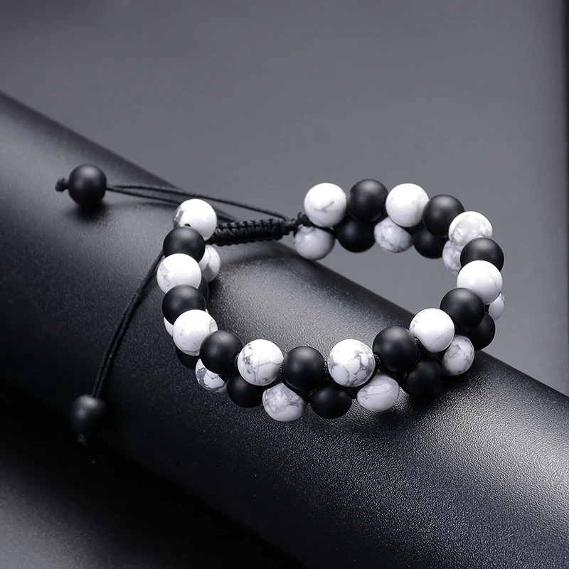 Черный оникс и Белый Howlite Плетеный веревочный браслет регулируемый двухрядный натуральный камень бисерный браслет расстояние браслет для пары
