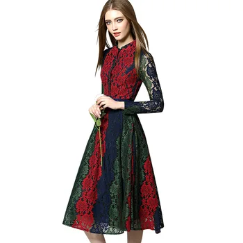 

Hot New Women Fashion Dresses Euramerica Winter New Slim High Grade Color Hollow Out Lace Vestidos Mujer