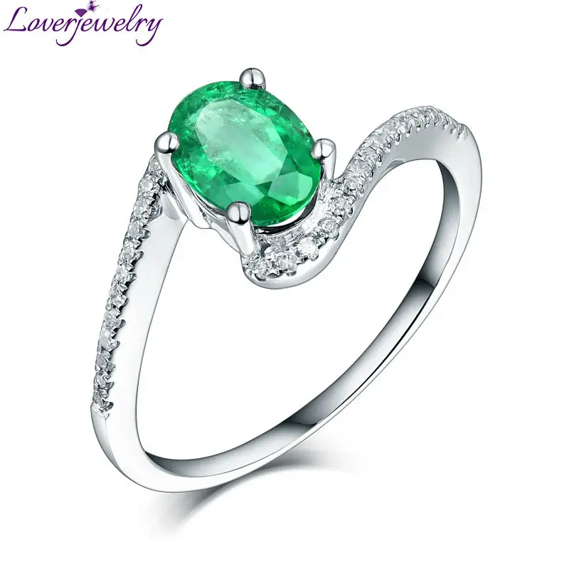 

New Style Emerald Rings For Women Oval 5x7mm Genuine Green Emerald Diamond 18K White Gold Ladies Engagement Party Ring Jewelry