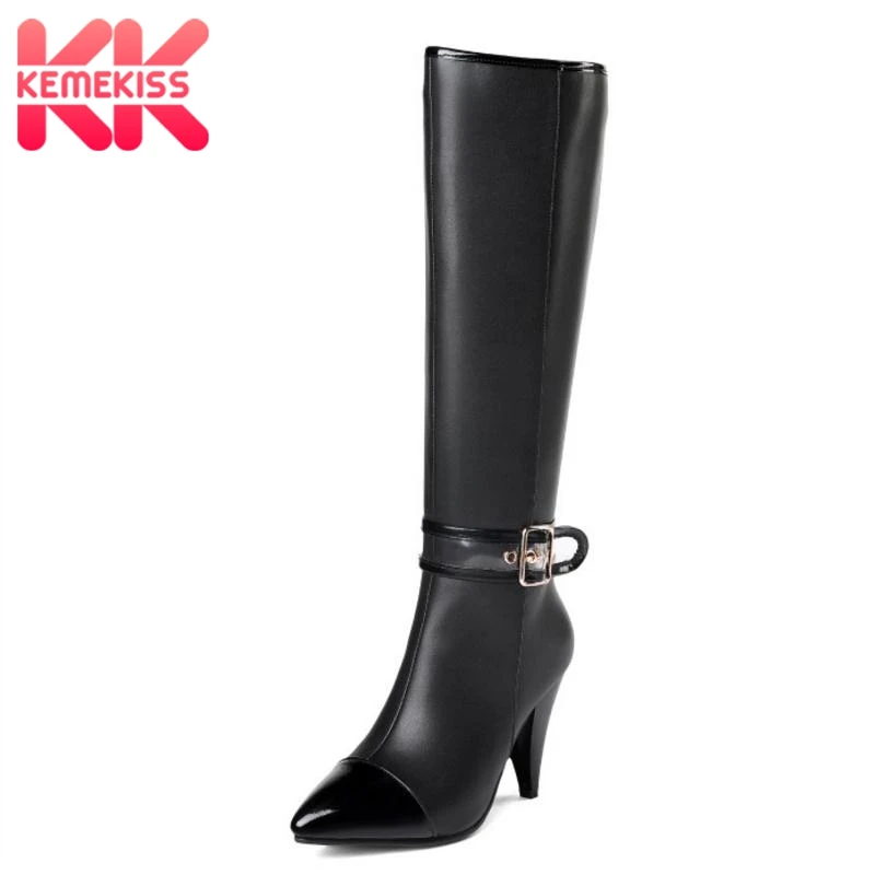 

KemeKiss Size 33-45 Women Knee Boots Genuine Leather Shoes Woman Patchwork Metal Buckle Long Boots Fur Winter Warm Woman Shoes