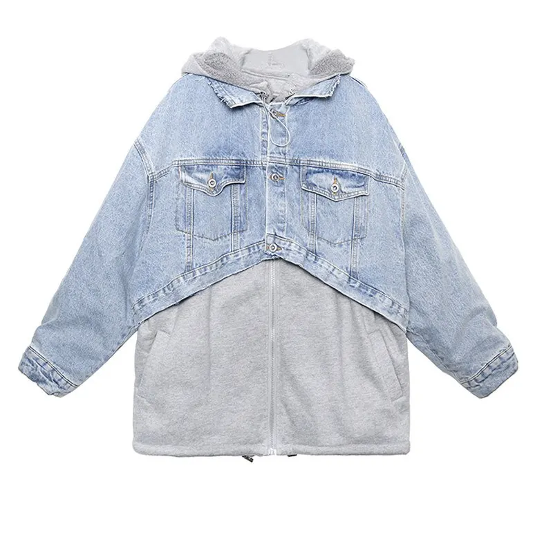Manteau Faux gray Veste Pièces Black Plus Automne À Capuchon Épaissir La Velours Hiver Agneaux Femmes Denim Chaud Parka Couture Deux Le Taille pg6wvq4