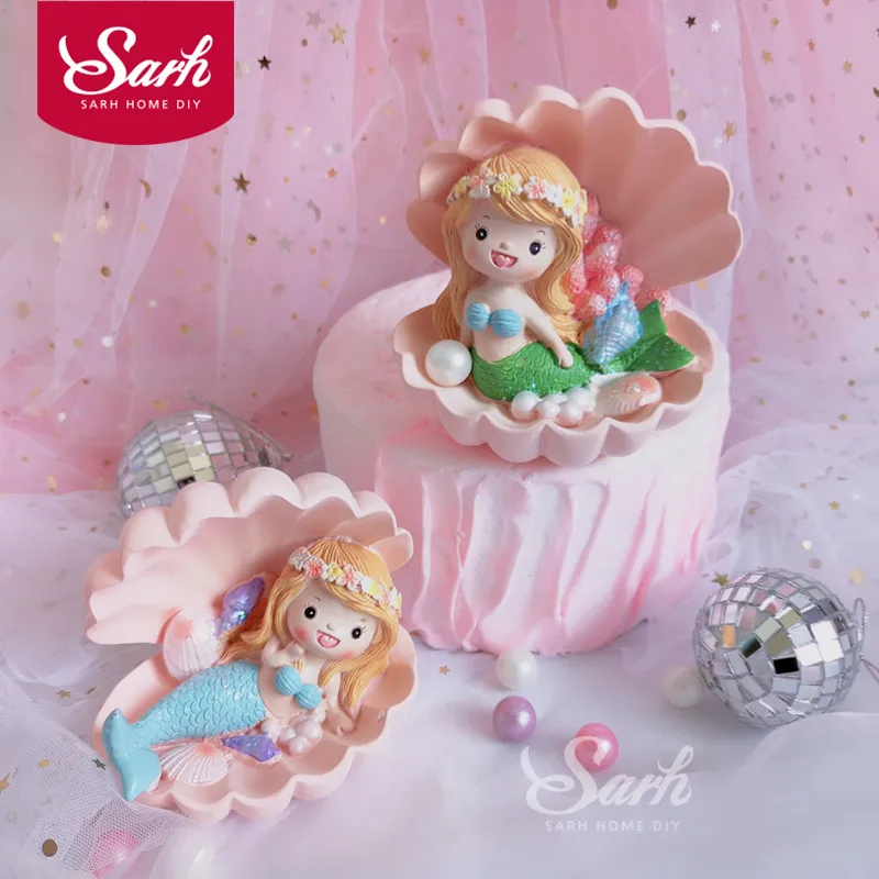 Pink Lovely Shell Mermaid Pearl Cake Decorations Birthday