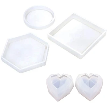 

4 Pack Diy Silicone Jewelry Holding Molds Hexagon Round Square Heart Casting Molds For Polymer Clay Crafting Resin Molds For C