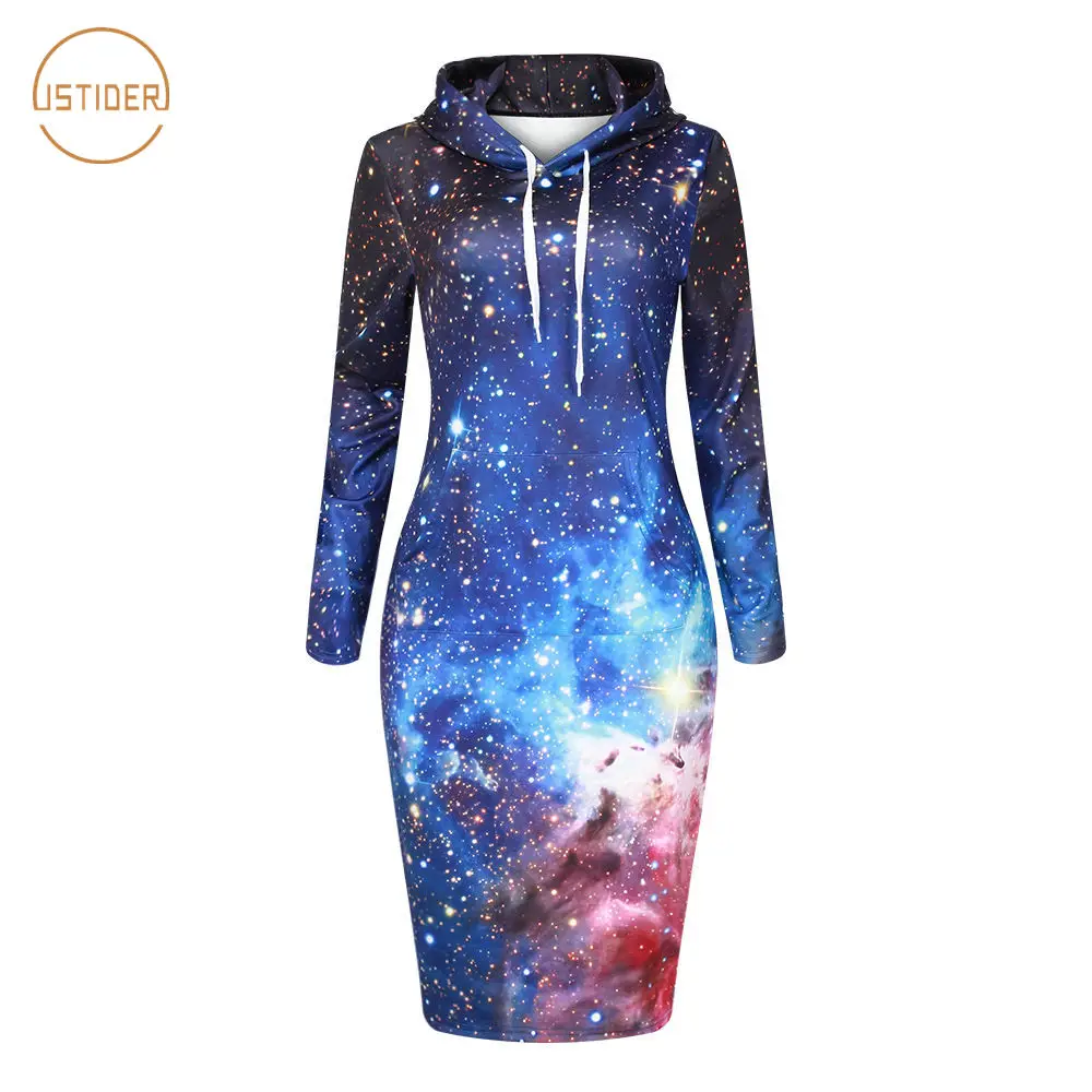 ISTider осень зима толстовка с капюшоном платья для женщин 3D космический Галактический Принт толстовки с карманом шнурок Bodycon Длинные толстовки - Цвет: BZX012