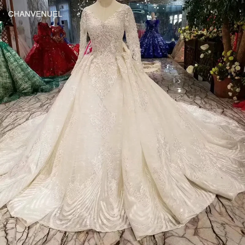 

LSS486 high quality wedding dresses royal long train v-neck long sleeve shiny bride dress wedding gown 2019 new fashion design