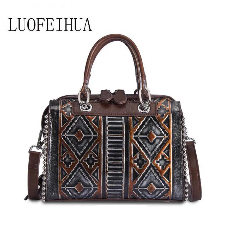 

LUOFEIHUA 2019 new trend fashion leather handbag Vintage leather embossed stitching shoulder messenger bag Small square package