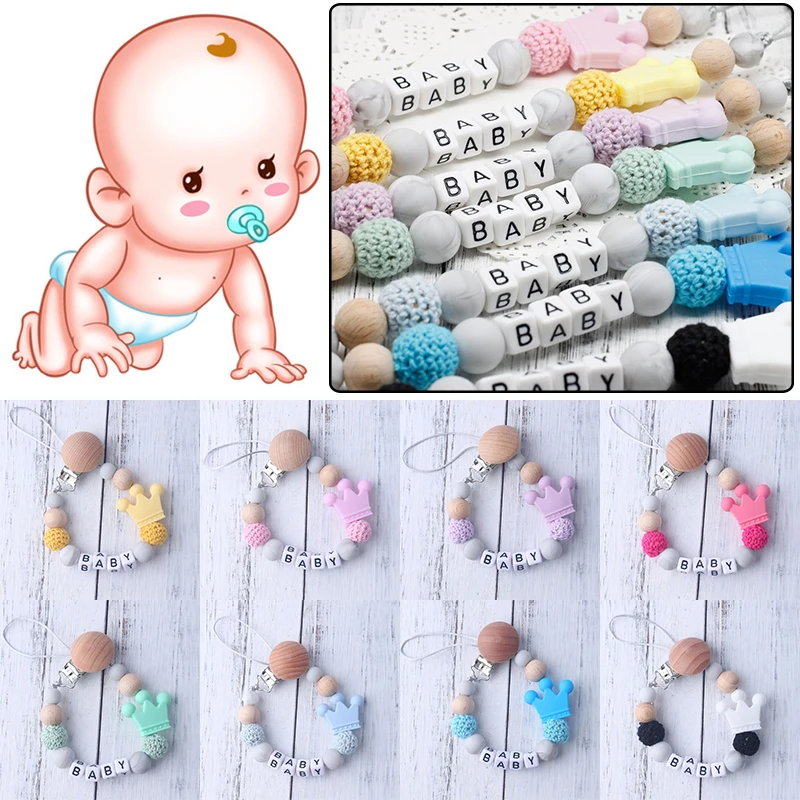 

1Pcs Silicone and Wooden Pacifier Clip Crochet Beads Soother Chains Baby Nipple Teether Strap Chain