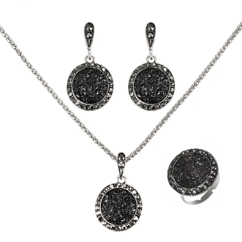 

3Pcs/Set Vintage Black Jewelry Set Fashion Women Jewelry Set Antique Silver Color Crystal Round Stone Pendant Necklace Sets Gift
