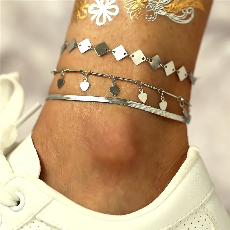

Modyle New Multi Layer Anklet Bracelets For Women Vintage Silver Gold Heart Anklets Set Bracelet On Leg Beach Jewelry