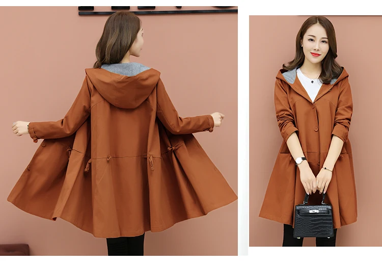 Новинка 2019 года весна осень большие размеры Длинные женские пальто свободные Женская мода с капюшоном Тренч для женщин s ветровка 3XL RE2293