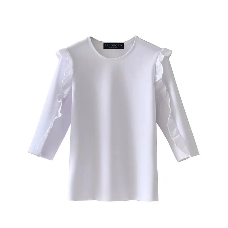 

NSZ Women Ruffles Shirt 3/4 Sleeve Round Collar Blouse Knitted Top Fashion Autumn Spring