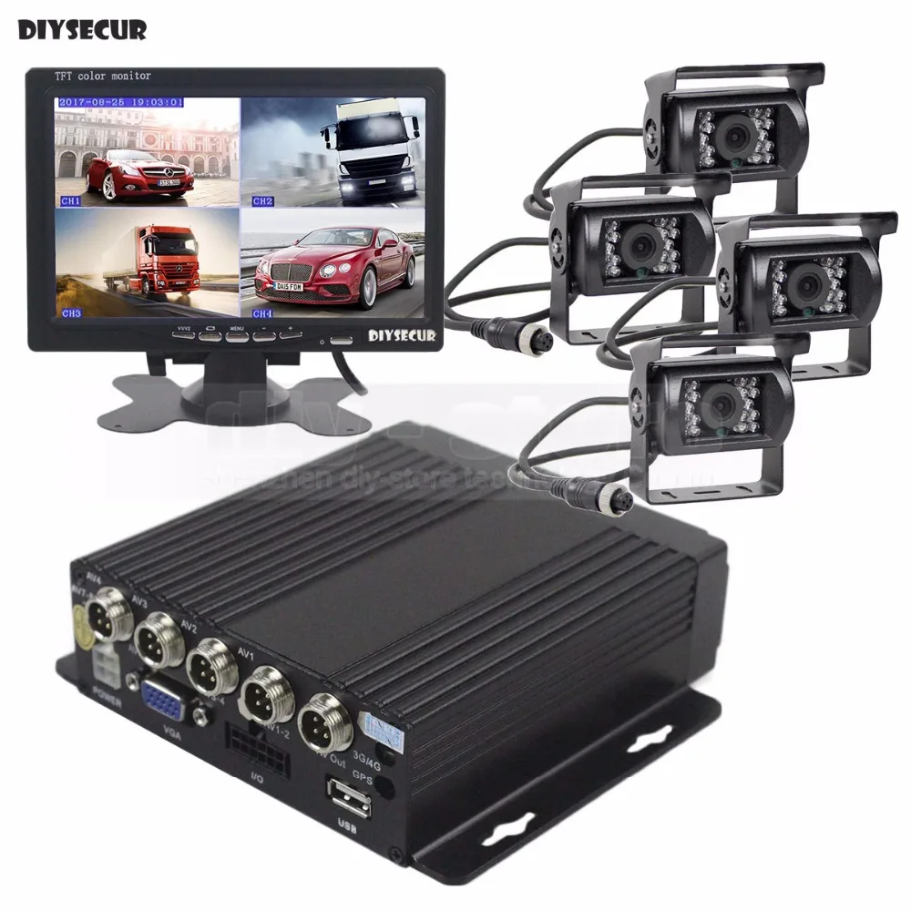 

DIYSECUR SD 4CH Car DVR Video Recorder 7inch HD Car Monitor + 4 x Night Vision Rear View Camera for Truck Van Bus