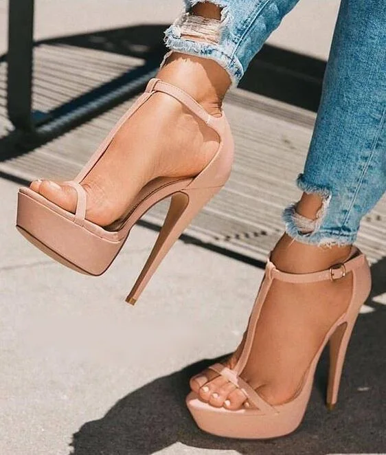 

New Arrivals Beige Leather T-bar Women Sandals Peep Toe T Ankle Strap High Platform Wedding Shoes Bride Cut-out Gladiator Sandal