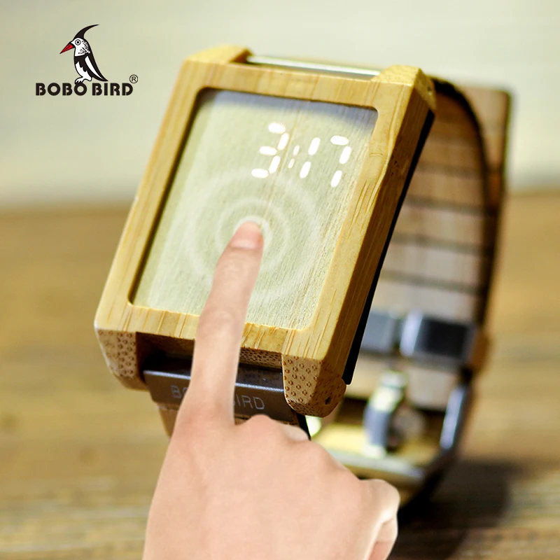 BOBO BIRD Wooden Set Led Watch Men Classic Rectangle Shape Digital Wristwatch with Toucn Screen Q25