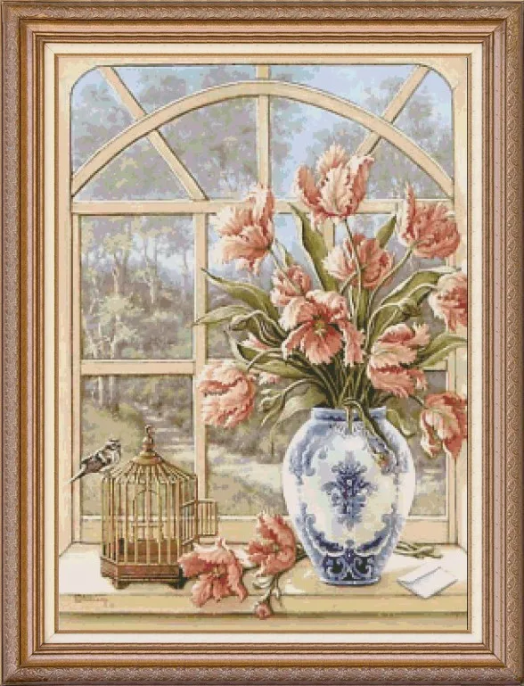 

14/16/18/27/28 delivery hot sell Top Quality cross stitch kit windowsill poppy flower bird window