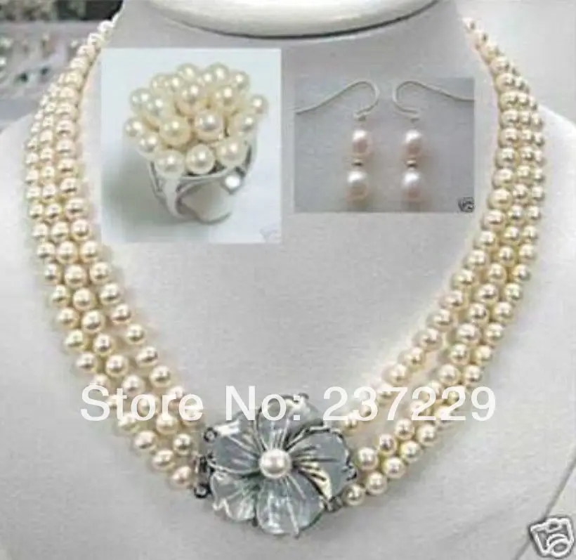 

Wholesale price > a3 Rows 7-8mm White Akoya Pearl Necklace Ring Earrings Jewelry Set nice (A0423) -Top quality free shipping