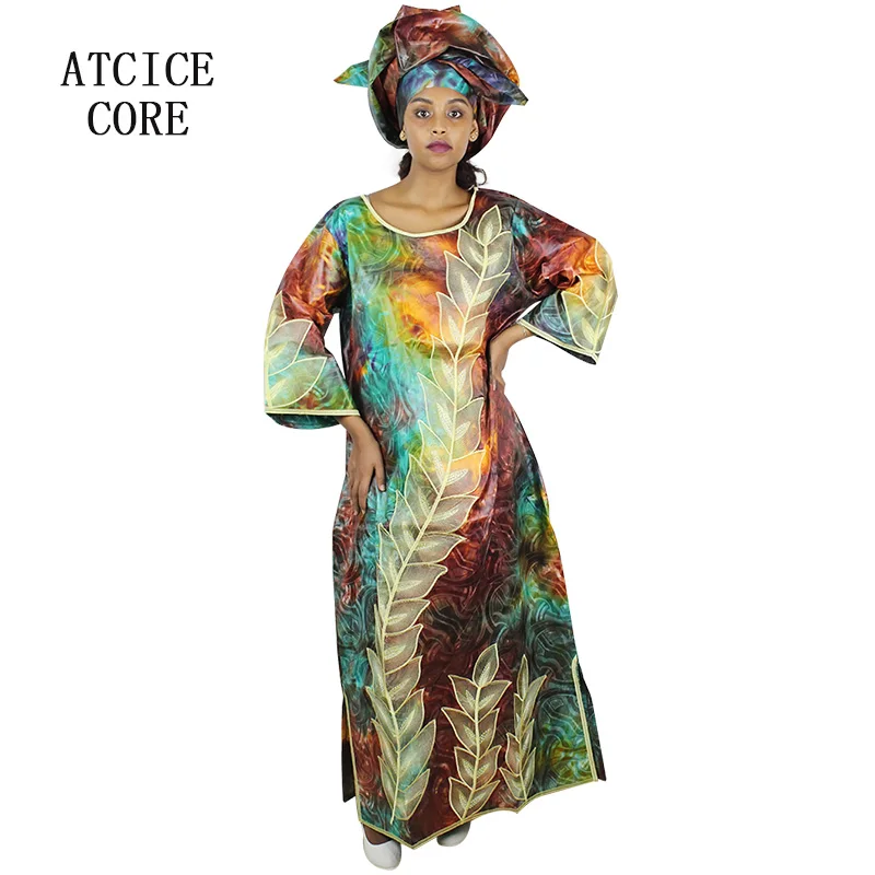 

AFRICAN DRESS EMBROIDERY BAZIN RICHE LONG DRESS WITH SCARF LA113