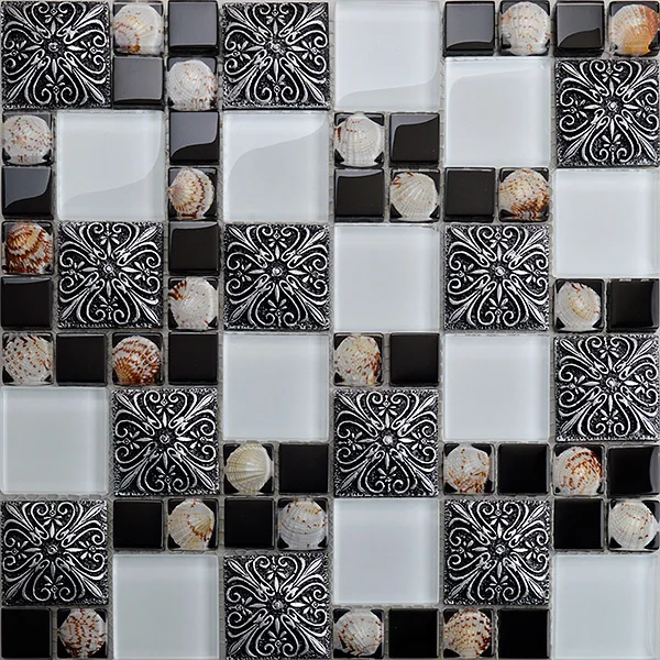 

Retro Black Flower Resin Shell White Crystal Glass Mosaic Tiles for kitchen backsplash bathroom shower fireplace DIY Wall Tile