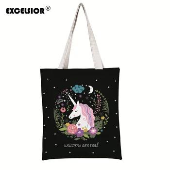 

EXCELSIOR Lovely Unicorn Printed Women's Bag Large Capacity Canvas Female Shopping Bag Customize Shoulder Handbag Beach Bag