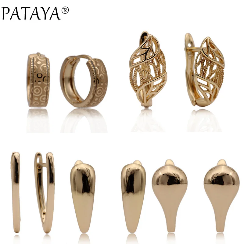 

PATAYA New 585 Rose Gold Glossy V Dangle Earrings Women Unique Simple Fine Cute Fashion Jewelry Irregular Pattern Hollow Earring