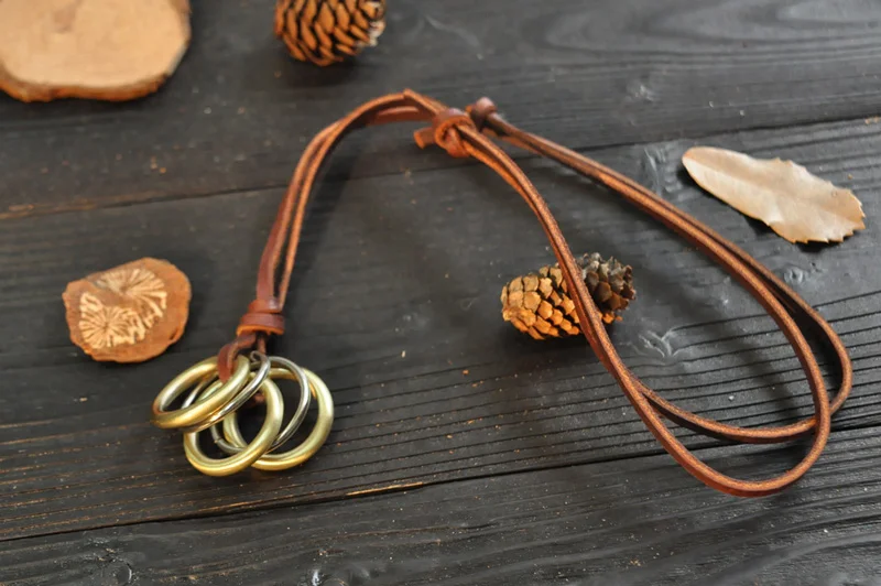 NIUYITID England Style Many Circle Pendant Men Fashion Vintage 100% Genuine Leather Necklace Adjustable Long Rope Chain Jewelry  (3)