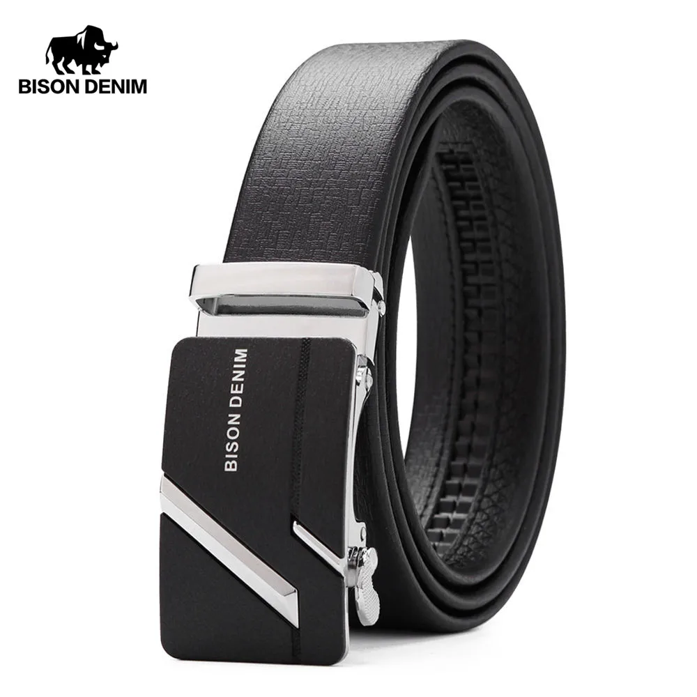 

BISON DENIM Men's Genuine Leather Belt Jeans Strap Automatic Buckle Black Belts For Male Gift N71281&N71280