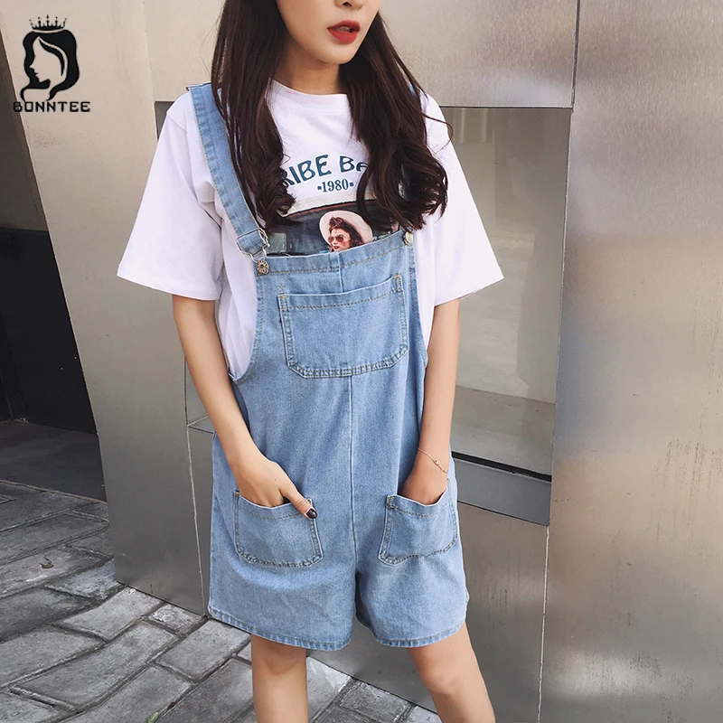 

Cotton Loose Korean Style Straight Denim Women Romper Pockets Solid Color School Students Lovely Womens Rompers Kawaii Casual