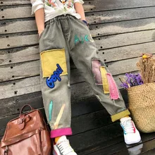 Женские рваные джинсовые брюки с контрастной вышивкой размера плюс с эластичной резинкой на талии, свободные штаны в стиле панк, Харадзюку, уличная одежда