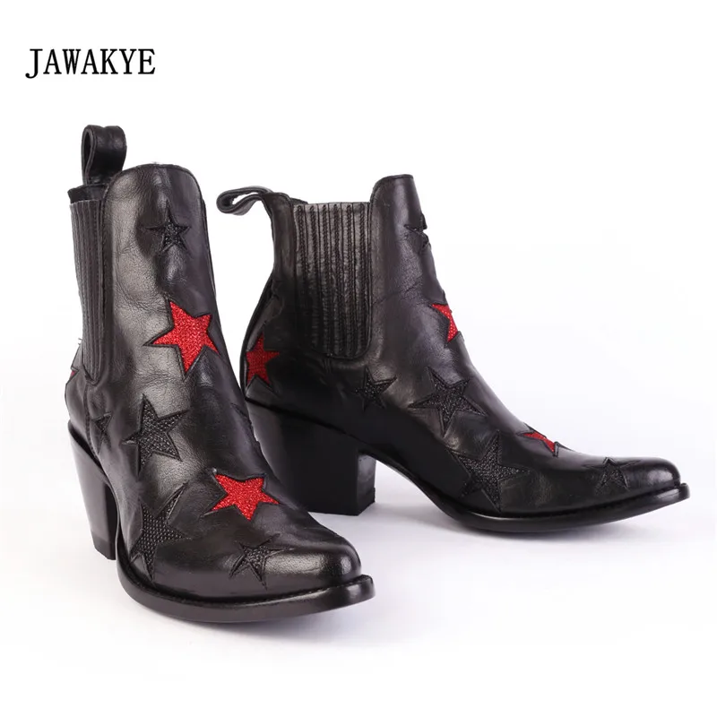 

2017 Newest Stars Do Old Boots Woman Pointed Toe Black Real Leather High Heel Martin Boots Women Fashion Chelsea Boots