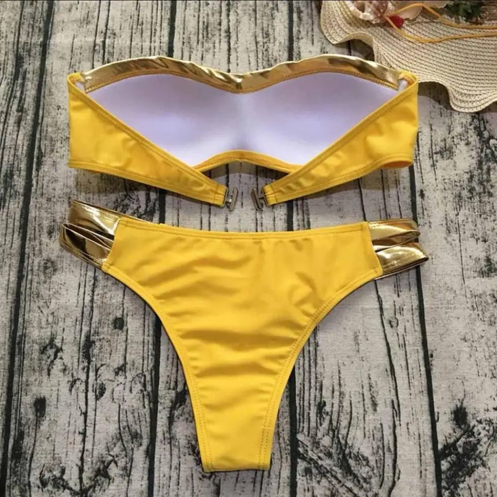 Комплект с бюстгальтером желтого и золотистого цвета, сексуальное мягкое женское водонепроницаемое нижнее белье пуш-ап, летняя пляжная одежда, Бразильский купальный костюм, комплект нижнего белья
