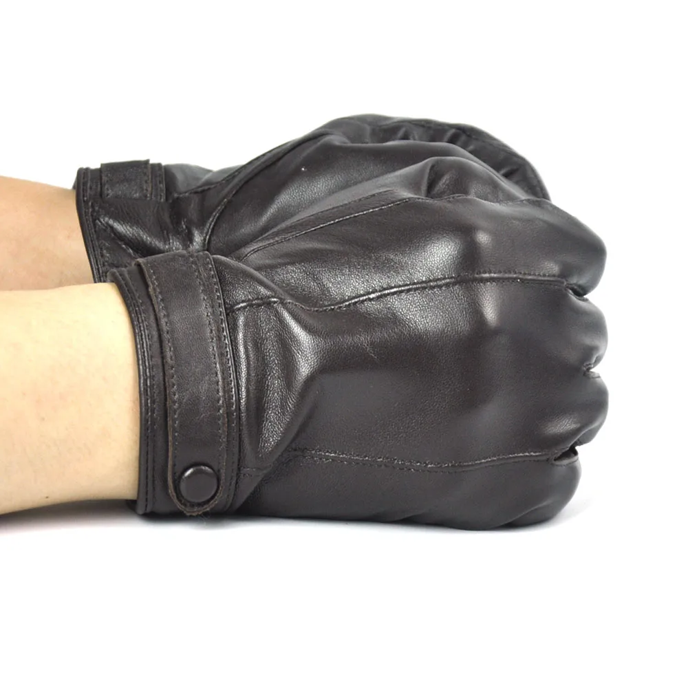 Men's Brown 2 lines Touch Screen Winter Driving Gloves Genuine Lambskin