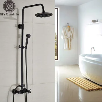 

Wall Mounted 8" Rain Bathroom Shower Set Faucet Black Bronze Dual Handle Shower Hot and Cold Taps with Handshower