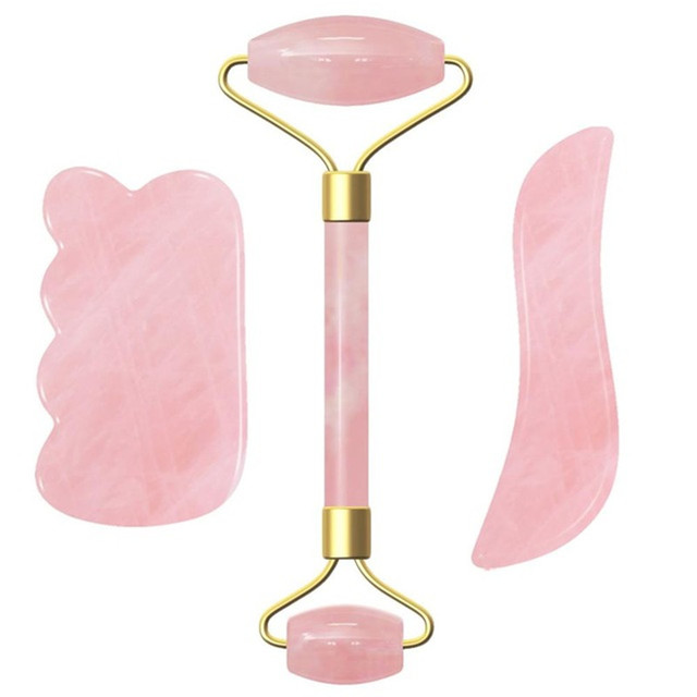 Natural Stone Jade Roller Facial Massager Portable Face Lift Tools Rose Quartz Face Roller Skin Care Gua Sha Set Tool
