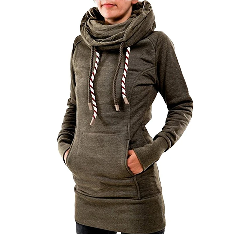 Women's Funnel Neck Kangaroo Pocket Hoodeds String Long Pullover Sweatshirts (1)