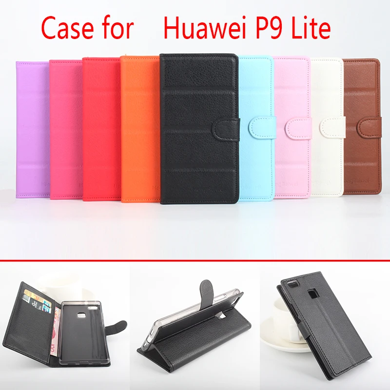 

For huawei P9 Lite Phone Case Folio Flip Pure Color Lichee Pattern PU Leather Wallet Case Cover Cash/Card Slots sh