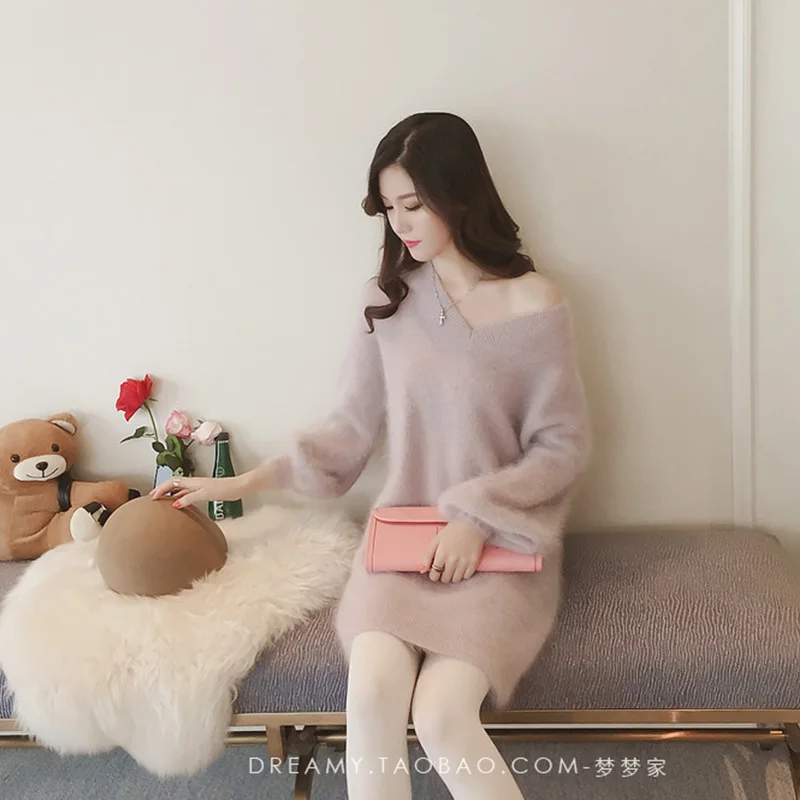 2019 Autumn Winter Women Cashmere Long Sweaters Pullovers V-neck Sweaters Dress Female Elegant Casual Pullovers Warm Fur Sweater