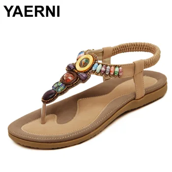 

YAERNI 2019 Woman Sandals Bead Bohemian Clip Toe Comfortable Thong Shoes Boho Elastic Band Back Strap Flat Beach Shoes Plus Size