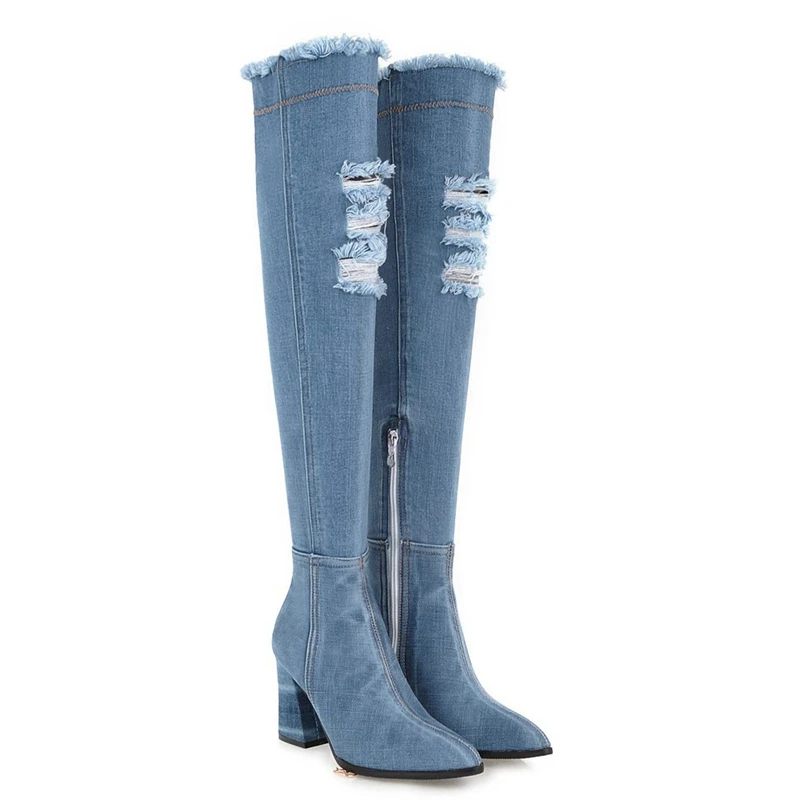ASILETO/женские джинсовые сапоги; пикантные Сапоги выше колена; обувь на высоком каблуке; женские облегающие высокие сапоги; осенние джинсовые сапоги в западном стиле; ботинки - Цвет: Light blue